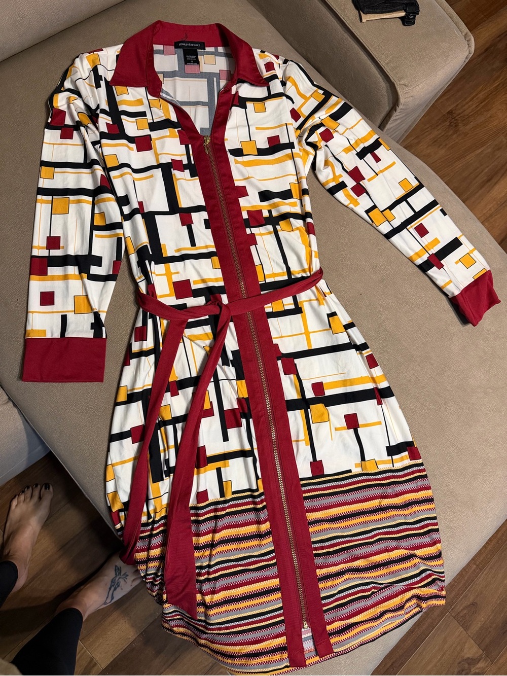 Ashley Stewart White Multicolor Geometric Long Sleeve Belted Shirt Dress
